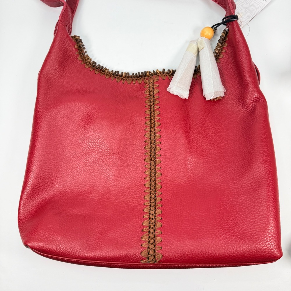 NEW The Sak Women Large Huntley Leather Crimson Red Hobo Bag Crochet Bead 108601 - Picture 11 of 16